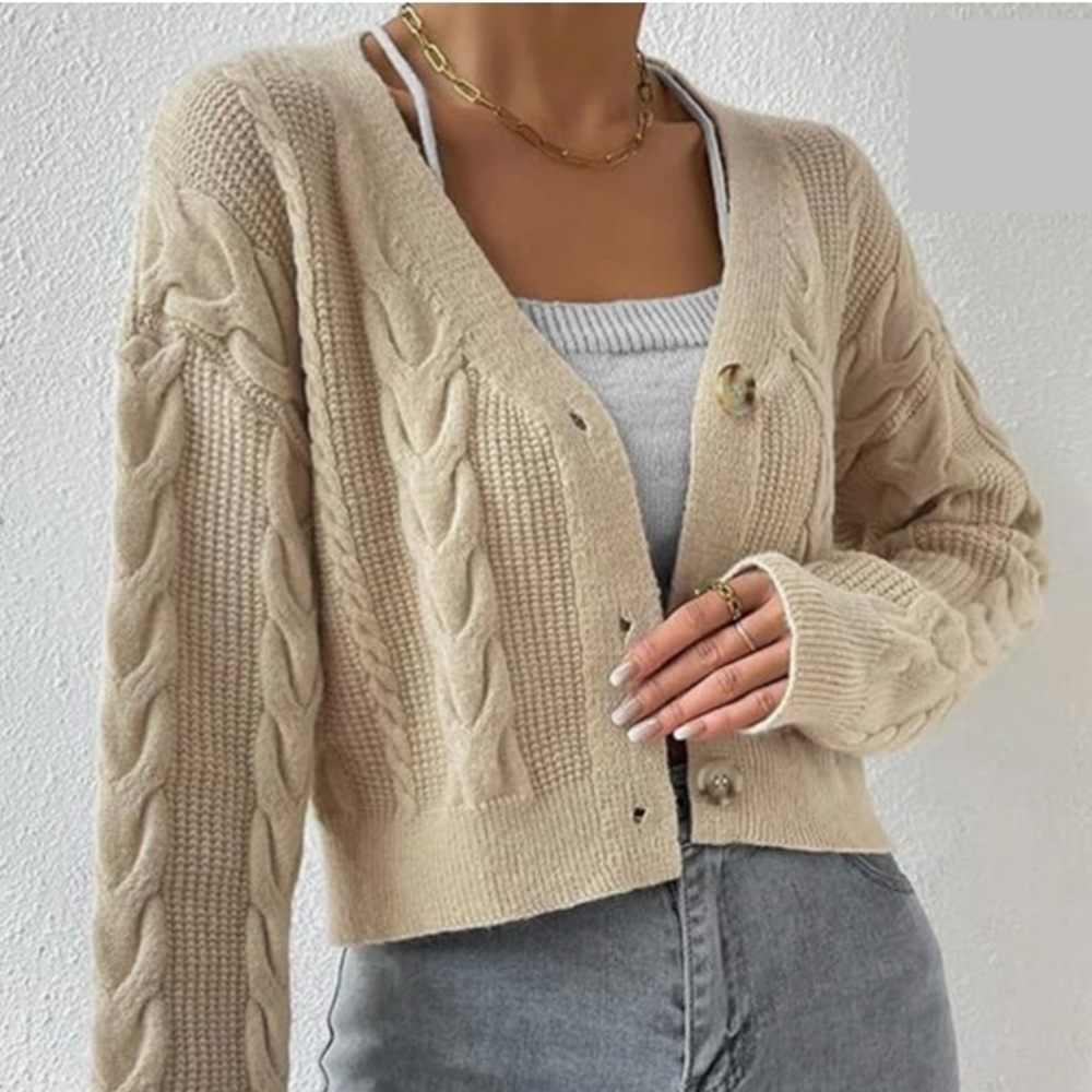 Cropped Cable Knit Cardigan, Tan Color,Size Small